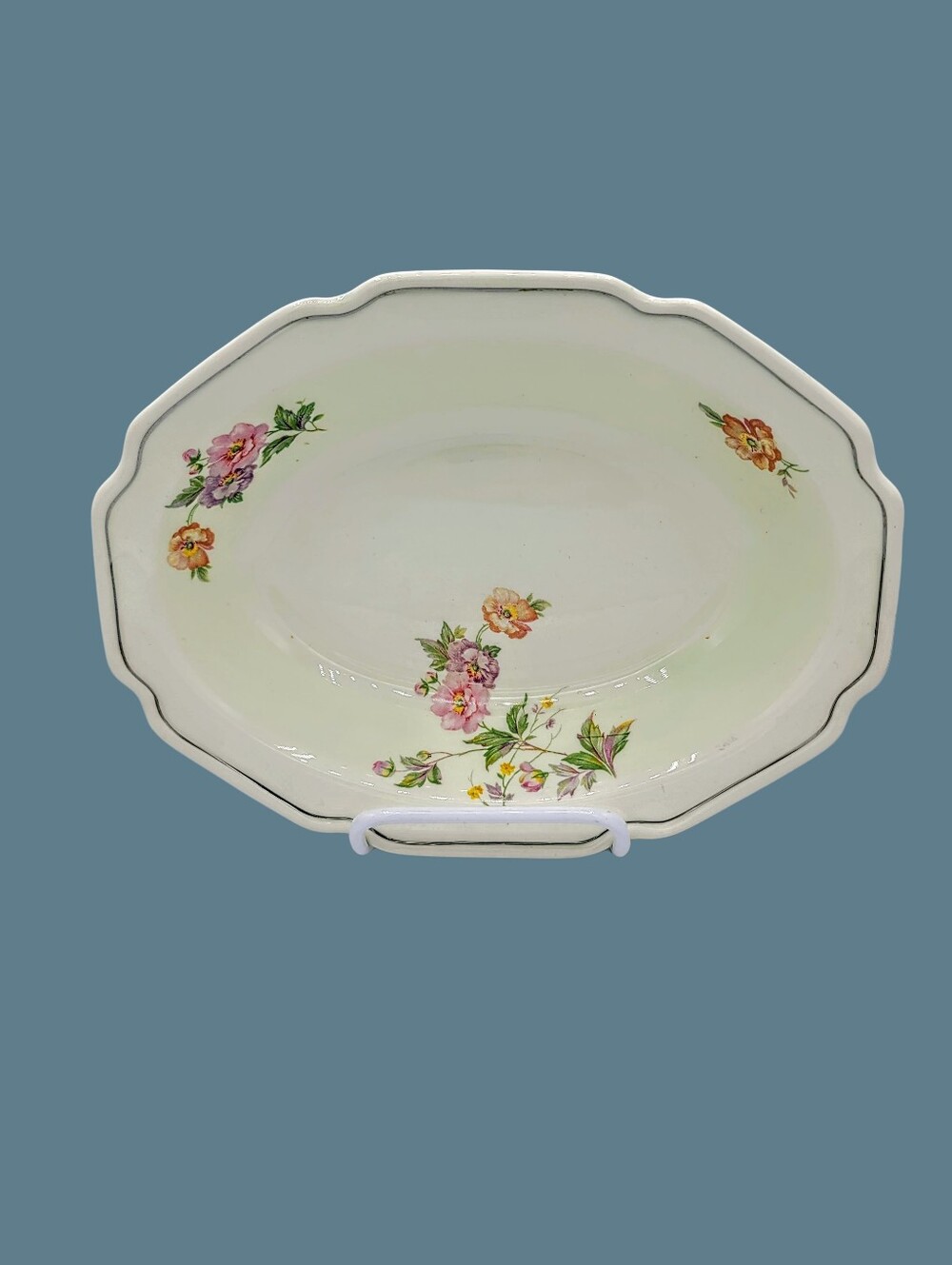 Mount Clemens Pottery Floral Oval Serving Bowl Silver Trim 1032M Vintage Cottage